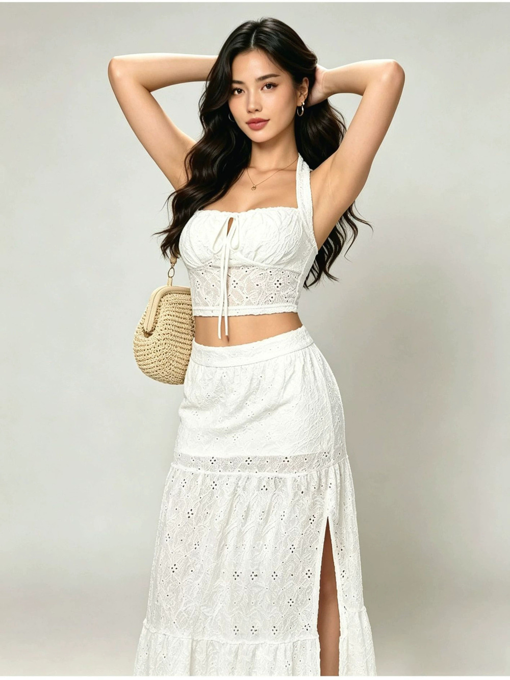 Zara Lace 2-Piece Outfit Crop Top High Slit Long Dress